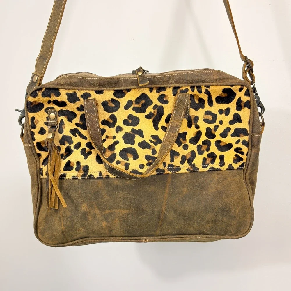 Myra Bag Brown Cheeta Leather, Leopard Hair on Cowhide Laptop Bag Fringe Western